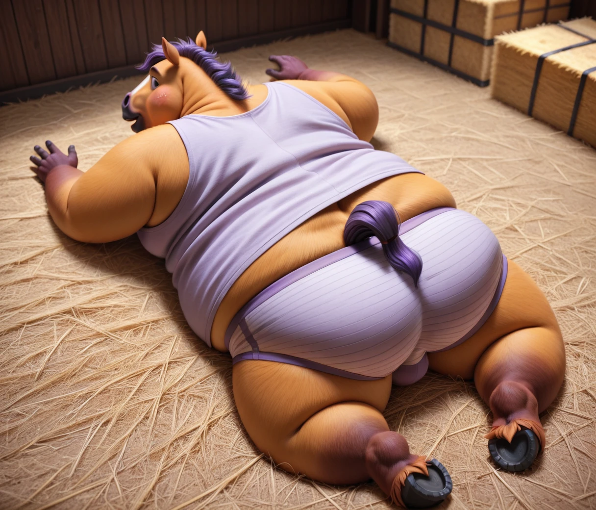 (cute, fat, obese, anthro, male, horse), pam-swtvrld, lying on the floor, back raisedб full body, nude, (((cropped lavender tank top, lavender briefs:1.3))), barn, hires textures, highly detailed, intricate details, best quality, masterpiece, detailxl, zPDXL2