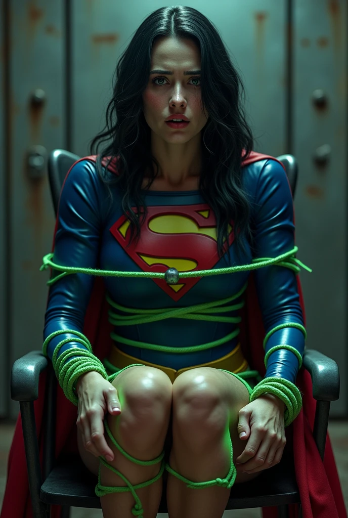 A PERIL BONDAGE SCENE WHERE A HOT SUPERGIRL WITH LONG BLACK HAIR WEARING HER ICONIC SUPERGIRL OUTFIT AND CAPE, TIED DOWN TO A METAL CHAIR WITH GREEN KRYPTONITE ROPE, A BALL GAG SITS IN HER MOUTH, HELPLESS,CRYING. INCREDIBLE DETAILS, HYPER DETAILED IN 8K RESOLUTION, MILLIONS OF COLORS.