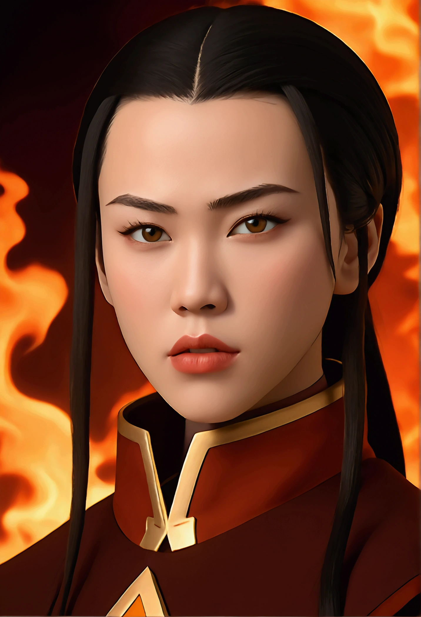 a beautiful girl with detailed eyes, perfect lips, extremely detailed face, gorgeous body, wearing tight clothes, looking seductive and confident, 1girl, Azula, cowboy shot, masterpiece, best quality, ultra-detailed, photorealistic, HDR, studio lighting, vivid colors, dramatic lighting, princess azula from fire nation 