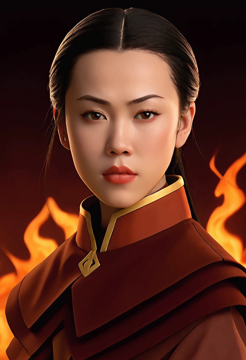 a beautiful girl with detailed eyes, perfect lips, extremely detailed face, gorgeous body, wearing tight clothes, looking seductive and confident, 1girl, Azula, cowboy shot, masterpiece, best quality, ultra-detailed, photorealistic, HDR, studio lighting, vivid colors, dramatic lighting, princess azula from fire nation 