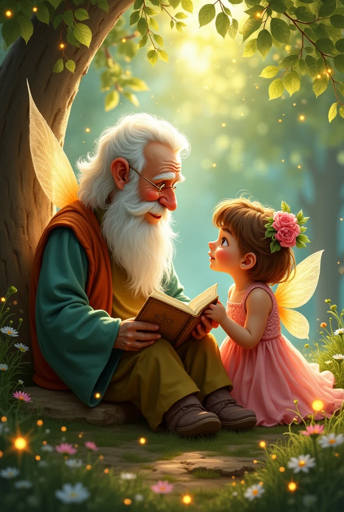 A fairy grandfather telling stories about nature to a dressed as a fairy with a pink dress and light brown hair
