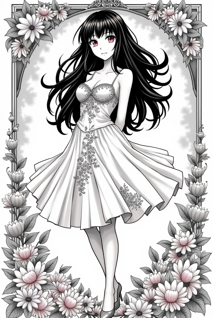 Black and white stick figure 1 girl with flowers, lots of flowers in background, in dress with flowers, its fine ink line art, comic style, portrait of Nezuko Komado, black hair, pink eyes, Hollywood glam, beautiful line art, black and white comic style, manga style, manga art style, standing, contrapposto, thigh highs, illustrative drawing, black and white coloring, ornate border, cleavage, arms behind back,
