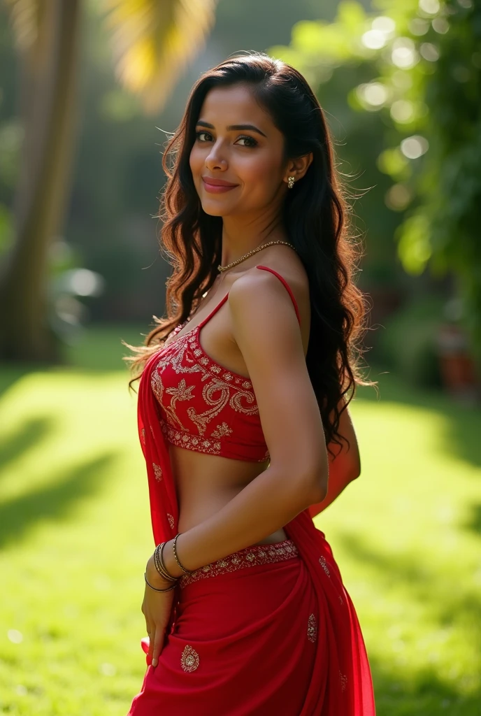 25yr old Indian Wife in the garden, wearing red embroidered sexy saree , HDR, 8k, hyperdetailed, best quality, ultra-high resolution, HDR, 8k, perfect body with curves, perfect breasts, big smile, (high quality detailing:1.6 face eyes nose ears lips curves skin body parts), 8k, having perfect body, walking on the lawn, Wet body , look at viewer, waist level view, White Bra
