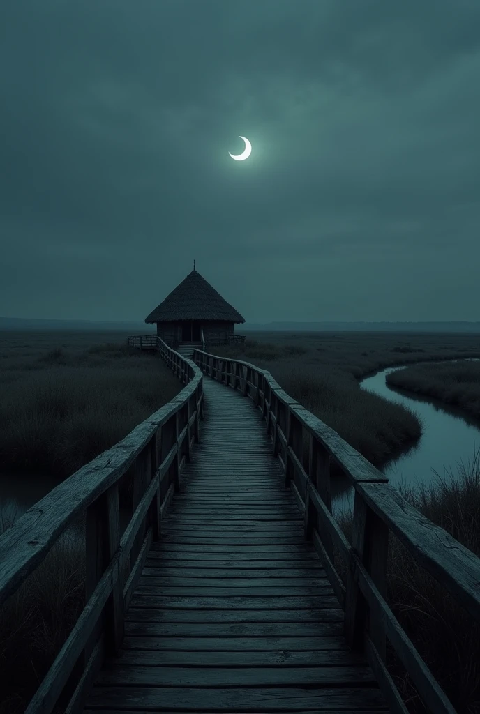 Dark realistic night photos of Ukrainian nature on the plain in gothic style, fewer trees, more bushes and grass, river, across which runs a simple little old wooden bridge, Far from the bridge there is an old Ukrainian white wattle and daub hut with a thatched roof