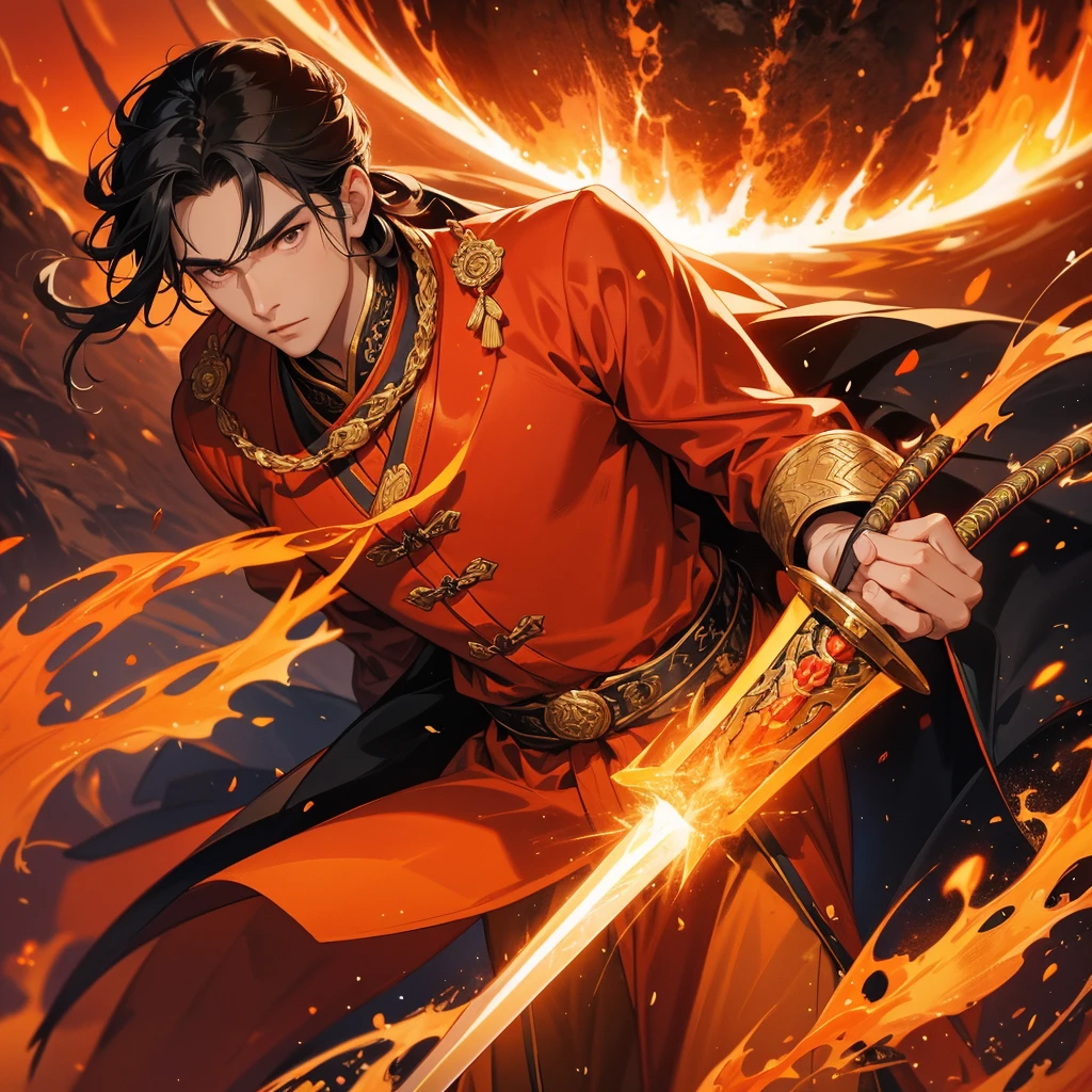 Handsome black-haired male general holding a large sword in golden ancient Chinese general costume, Surrounded by a volcano erupting, red and orange, surrounded by volcanic rocks, sunset, close up.