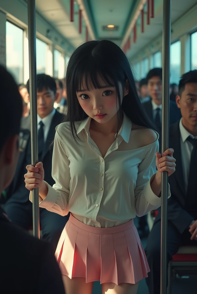 ((Highest quality, 8k, RAW Photos, masterpiece :1.3)), (Realist、Realist:1.37)、Very detailed、Realistic、Ultra-high resolution, (Professional Lighting), ((From above:1.2)),((Full body photo)),自然なchest、Perfect Face、Beautiful expression、Beautiful Face、Cute eyes、18 year old high school girl、beautiful girl、Beautiful black hair、(not good、Schoolgirl uniform、Button-down shirt:1.2、Off the shoulder、Pleated mini skirt、Pale pink lace panties)、(A crowded train with sunlight pouring in、A fat middle-aged Japanese man hugs a high school girl from behind on a train)、((((A middle-aged man standing behind the woman.、その男 reaches out his right hand and touches the woman'chest.:1.3、The man's left hand is touching the high school girl..'He touched his private parts with his fingers..:1.2、Button-down shirt:1.2))))、caress、horror show、blush、その男 has a vulgar look、Men hugging each other