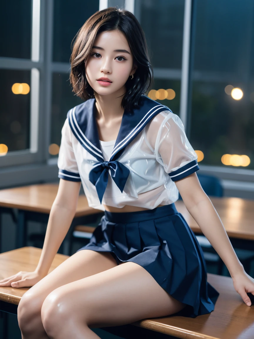 masterpiece:1.2, Very detailed, Ultra-high resolution, Realistic, photo Realistic:1.6, High-resolution RAW color photos, Professional photos, Sharp focus:1.2, Very detailed顔と肌の質感, Very beautiful eyes, Glossのある肌, Glowing Skin, Glowing Skin, Shining Face, Gloss, Oily skin, greasy face, Oily skin, greasy face,, real Glossのある肌 texture, Perfect Anatomy, Very detailed背景,(High school classroom at night),1 female,25-year-old woman, Japanese women,height: 168cm,short hair, Straight hair, bangs, Brown Hair,((Flat Chest:1.6)),Slender legs, (See-through white short-sleeved sailor suit、Navy blue pleated mini skirt:1.5、Sexy T-panties under skirt:1.5),((A sailor uniform that was wet from the rain and very transparent:1.5)),Earrings,((Sit on a desk with your knees raised))