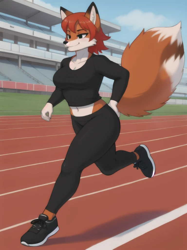 Furry, fox, female, black shirt, black leggings, shoes, running track, friends, full body