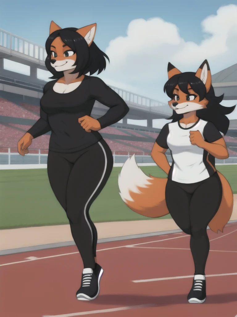 Furry, fox, female, black shirt, black leggings, shoes, running track, friends, full body