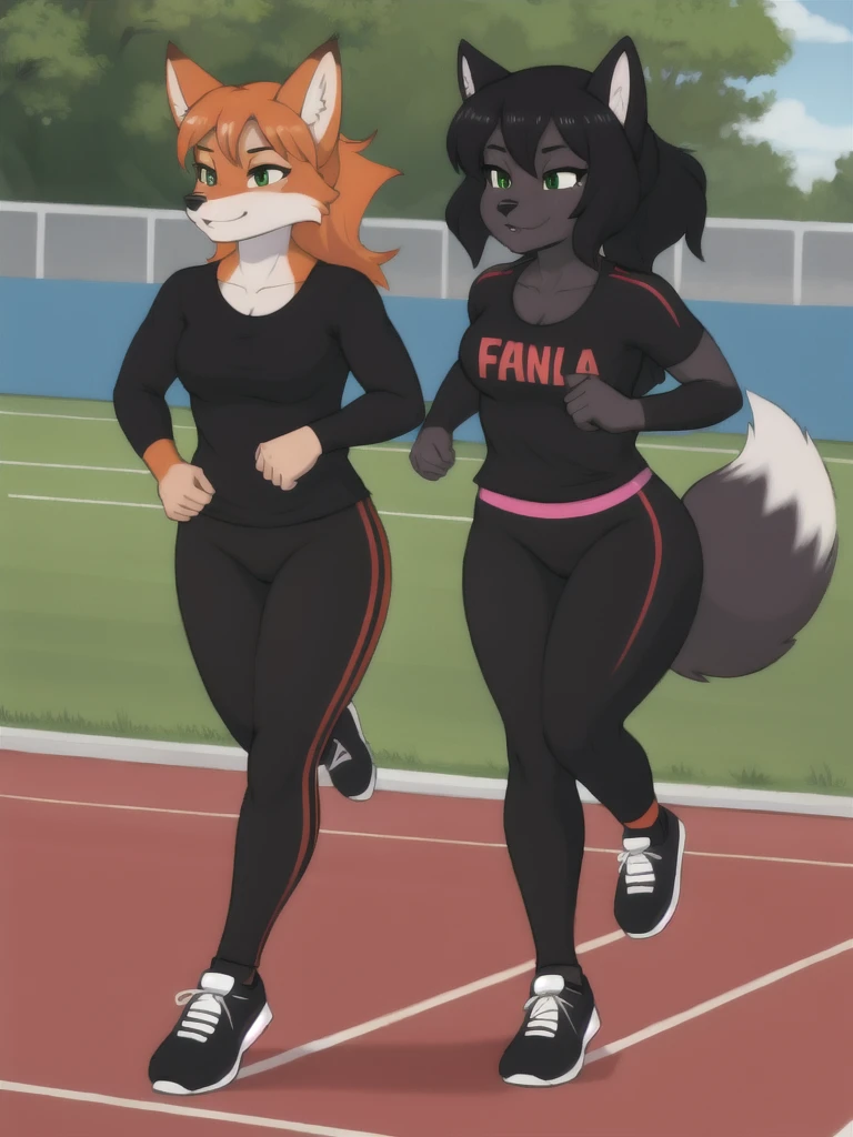 Furry, fox, female, black shirt, black leggings, shoes, running track, friends, full body