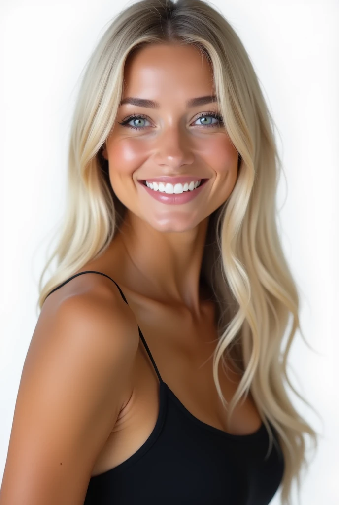 Belle fille de 20 ans, realistic, long hair, blond clair, blue eye, souriante, dent blanche, smooth hair, très realistic, cheveux très très plat, robe noir, chaussettes, sur fond png, mega realiste