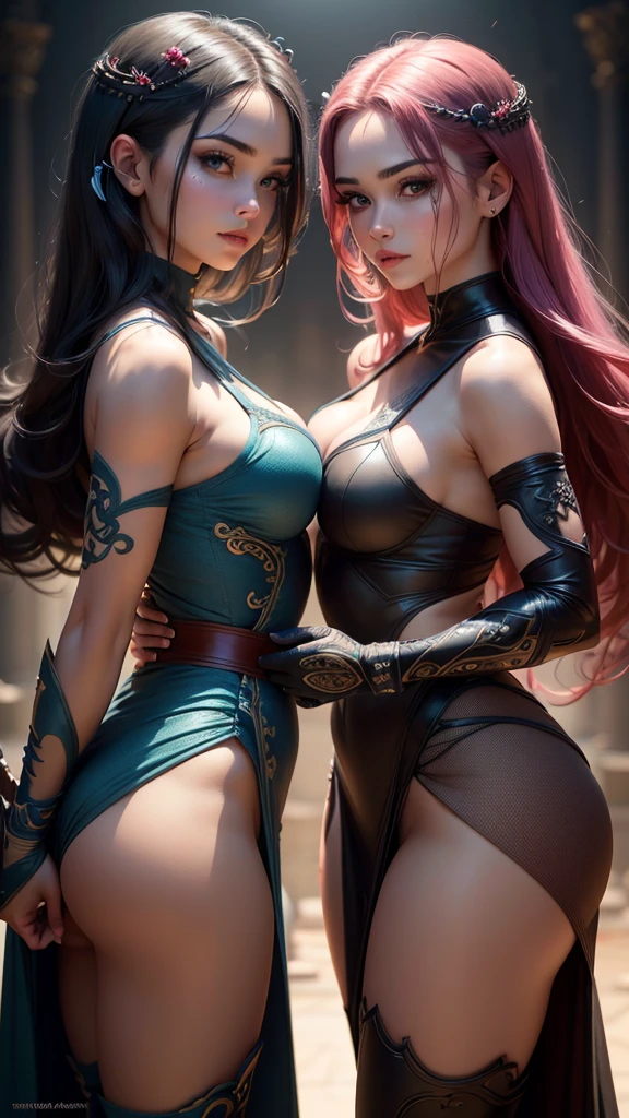 A pair of 21 year old twin sisters, both wearing ninja-like outfits that are extremely revealing, holding weapons in their hands, one crouching and the other standing, both in a guarded stance, (best quality,4k,8k,highres,masterpiece:1.2),ultra-detailed,(realistic,photorealistic,photo-realistic:1.37),detailed facial features,beautiful detailed eyes,beautiful detailed lips,extremely detailed eyes and face,long eyelashes,intricate costume details,dynamic pose,dramatic lighting,vivid colors,cinematic composition