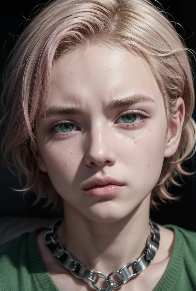 create an image young white and athletic, his eyes are green, his hair is pink, straight and short, his face is round and beautiful, his eyes are sexy and bright, his lips are thick, he has an Italian nose, his cheekbones faces are well defined and smooth, their skin glows, they are chained and crying