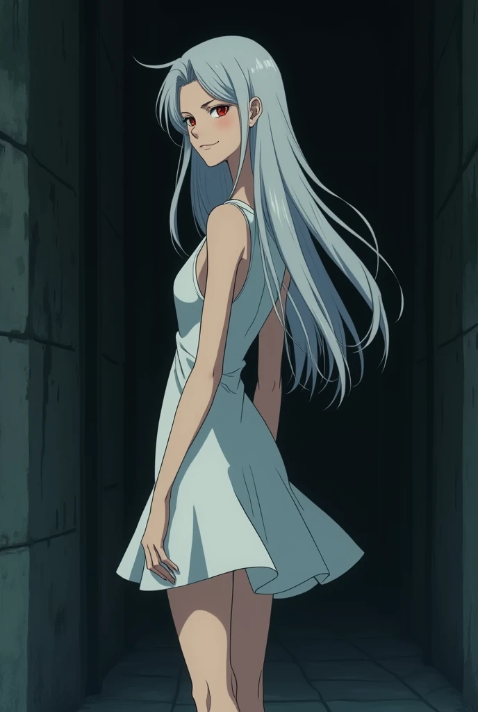 The image is in the style of a Ghibli studio anime., although somewhat gloomy and adult, It features a 20-year-old albino adult woman.. She is standing in front of a black wall, you see him from behind, She has long hair and red eyes. Shown with a smile. She has a white dress that reaches her knees.. strong thighs.