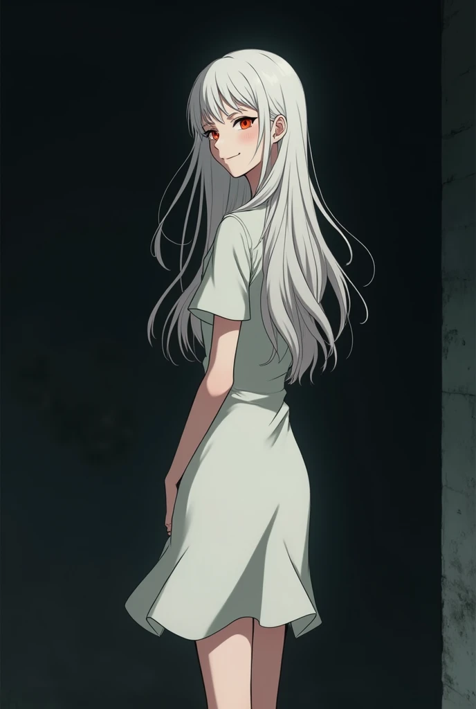 The image is in the style of a Ghibli studio anime., although somewhat gloomy and adult, It features a 20-year-old albino adult woman.. She is standing in front of a black wall, you see him from behind, She has long hair and red eyes. Shown with a smile. She has a white dress that reaches her knees.. strong thighs.