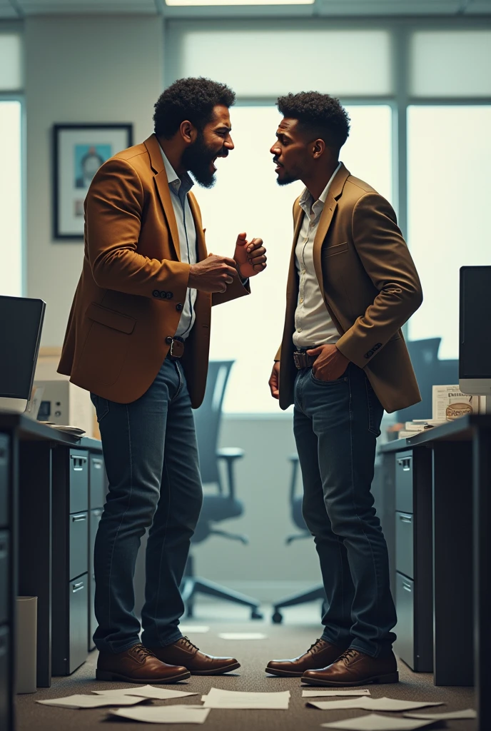 Scene of a heated argument between two black brothers in an office.
Lazarus has a furious look on his face,
while John looks frustrated and sad, with papers and documents scattered across the floor.