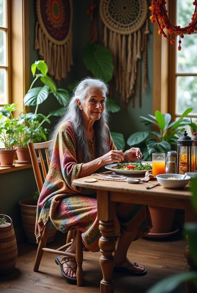 67 year old bohemian and hippie woman having lunch in her dining room
