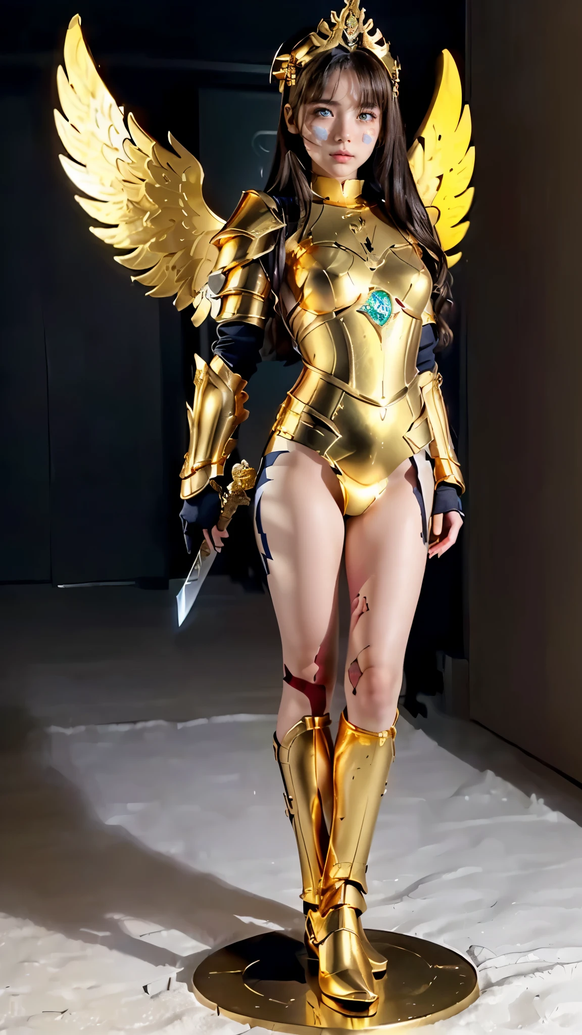 arafed girl in a gold costume with wings and a sword, angelic golden armor, knights of zodiac girl, anime goddess, angel knight girl, light gold armor, golden armor, golden goddess athena, karol bak uhd, portrait knights of zodiac girl, gold armor, beautiful armor, the sailor galaxia. beautiful, armor girl, (full body:1.8), (upper body up:0.3), (hyper realistic:1.4), (realistic:1.3), (best quality real texture skin), Detailed eyes, detailed face, PERSEPHONE, (SFW:1.5) Hyperrealistic, LESS saggy breasts, (SMALL BREASTS:1.5), (HUGE LEGS:1.5), (LESS THIGHS:1.5), pernas perfeitas, pernas perfeitas, pernas lisas, pernas lisas e perfeitas, pernas torneadas, coxas torneadas, pernas lisas, coxas lisas. (pose erótica:1.5), (sobrancelhas espessas:1.2), (Grandes olhos roxos:1.2), (olhos ultra detalhados:1.4), (Olhos de alta resolução:1.1), (textura de pele ultra detalhada:1.4), (Belo corpo tonificado:1.1), arco de cabelo, (Pele úmida:1.1), (rosto sensual:1.5), (tan, muscular, , child, toddlers, girl, teen, sd character:1.5), (SD CHARACTER:1.5), (SD, CHARACTER:3.0), LITTLE PERSON, SMALL PERSON, MIDGET, (tan, muscular, , , child, , toddlers, chibi, sd character:1.1),