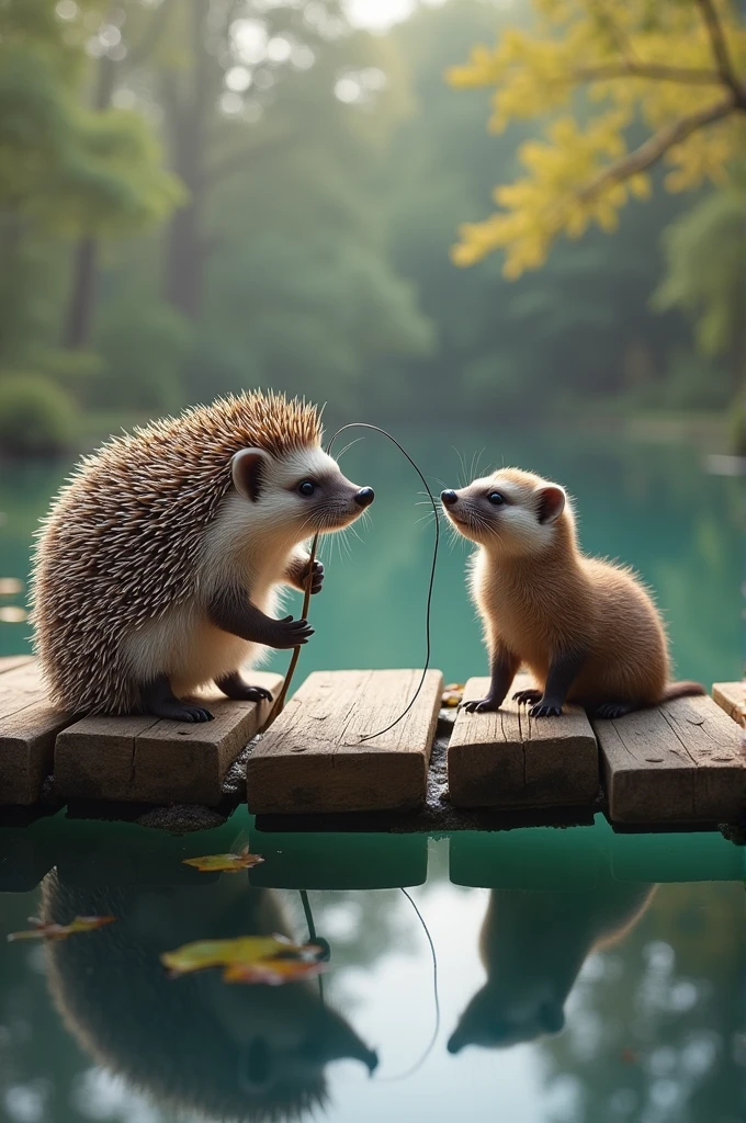 On a dock there is a hedgehog and a ferret fishing