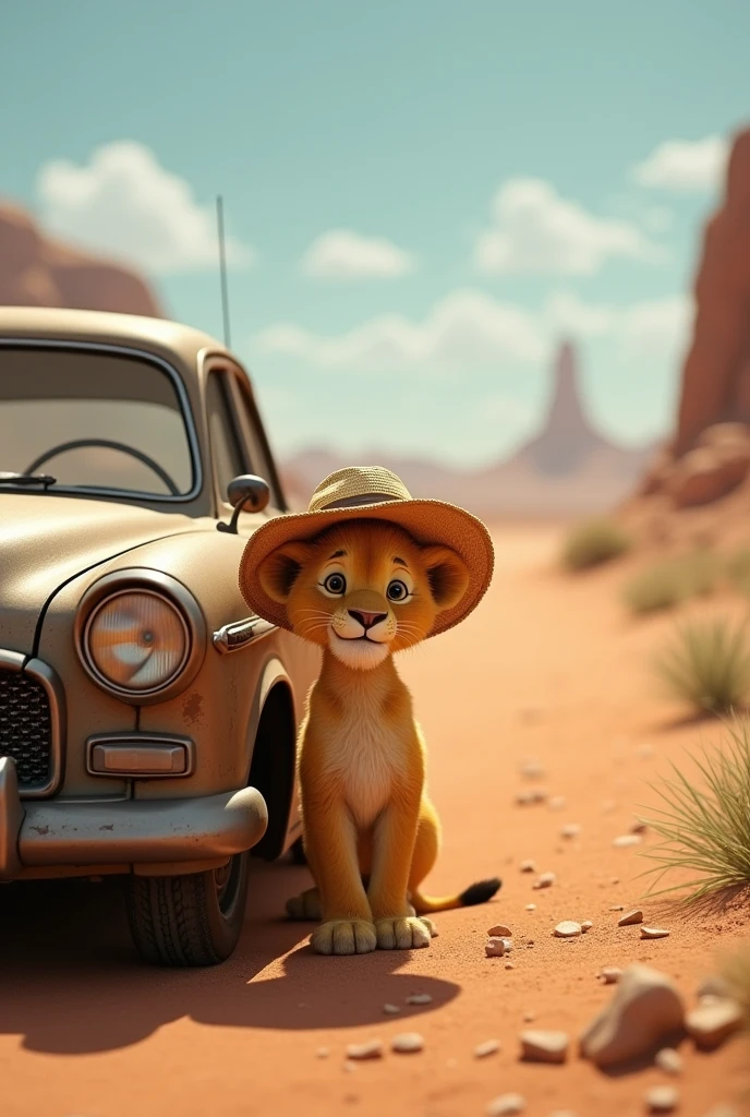 Desert road side，Lion cub wearing sun hat standing next to car，