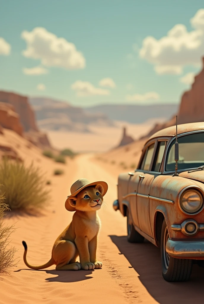 Desert road side，Lion cub wearing sun hat standing next to car，