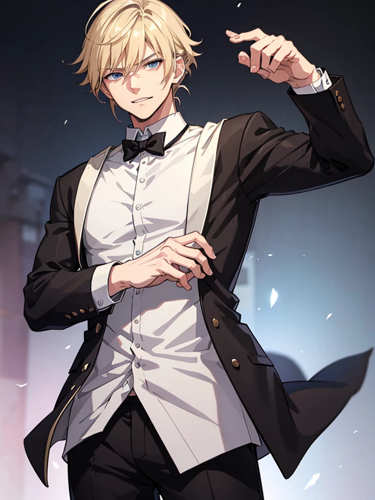 , rolled up sleeves, Anime attractive man, 20 year old, blonde hair, very very short ponytail, tall, muscular, black suit, silver lining, formal clothes, solo, one person, high resolution, high quality, masterpiece, masculine face, smirk. Rolled up sleeves