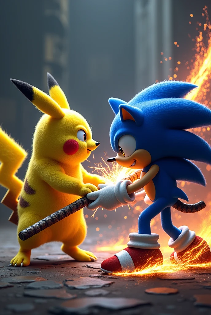 Pikachu vs classic Sonic from Sega in a Mortal Kombat Fighting using weapons