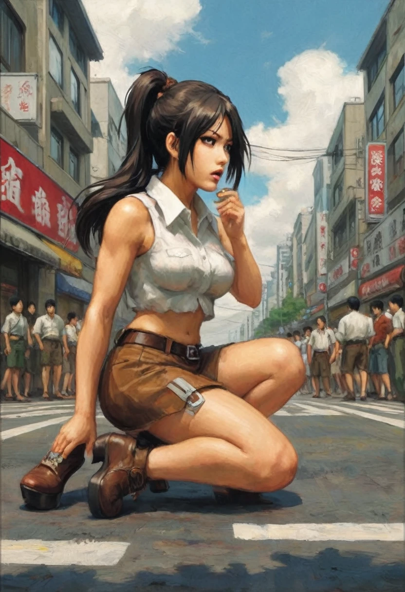 (Attack on Titan) An enormous titan woman (cute maniac face extra huge mouth, dark hair, small pot belly, big butt, painted toe nails) merrily stomps down the streets of Tokyo, she has her mouth open and drooling. The woman (cute, miniskirt, airy blouse, high heels) she wants to eat has fallen and twisted her ankle and is now sobbing on the street. Came is low at the victim looking up at the hungry Titan