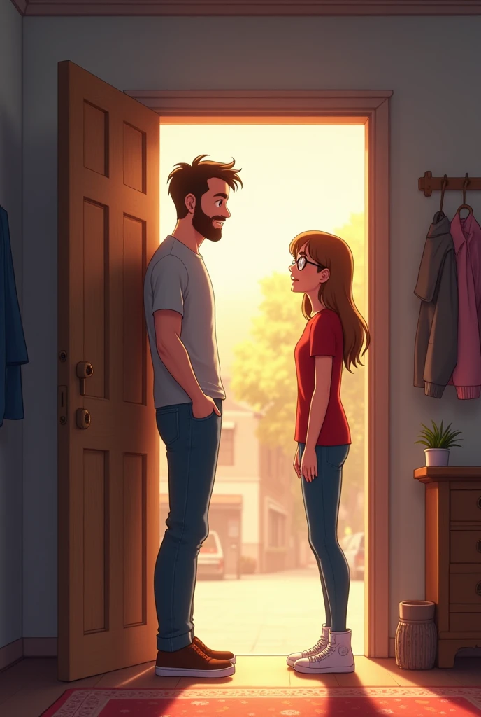Create an anime-style scene showing Jake, a man in casual cloths welcoming Sophia, red shirt , jeans and spectacles into his home. Jake is smiling warmly, standing at the doorway, while Sophia steps inside. The setting is a cozy, small-town home with soft, warm lighting. Jake is wearing casual clothes, and Sophia looks slightly tired but happy to see him. The background includes a wooden door, a small coat rack, and a view of the quiet street outside through the open door