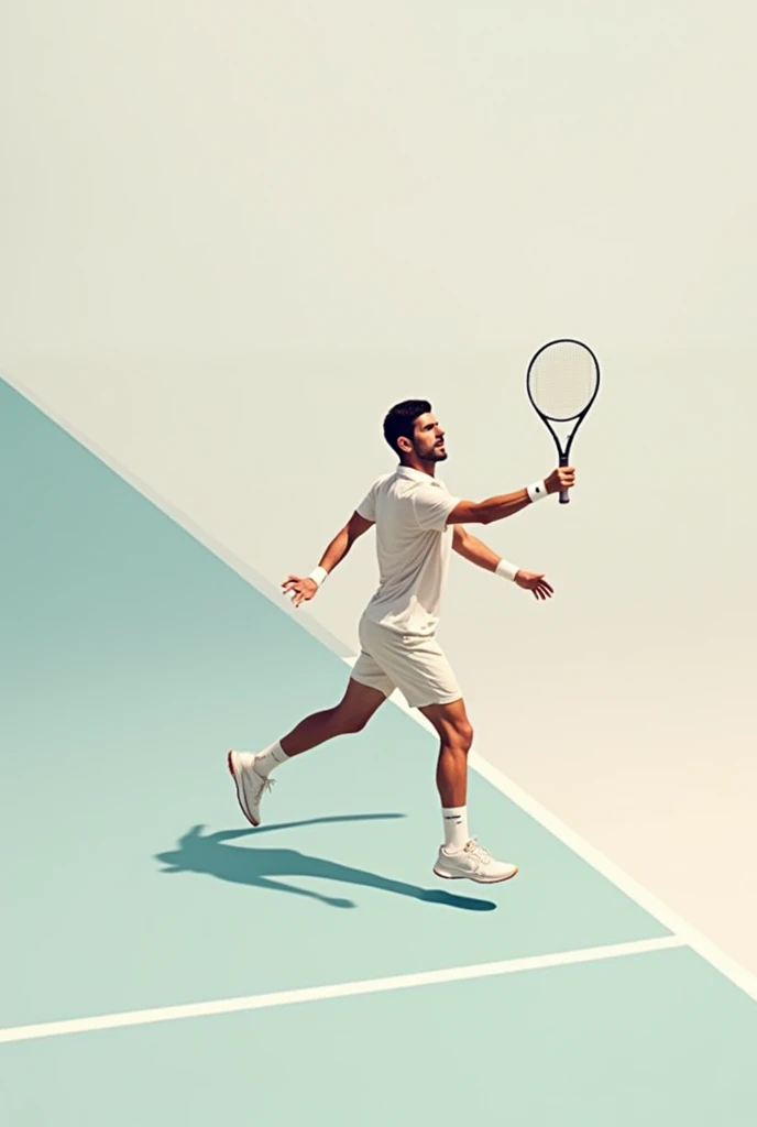Minimalist square-sized image of Novak Djokovic, playing a game. In the background a tennis court., with soft and pretty colors, with the English phrase of Novak Djokovic: “The winner is the one who believes most in victory”. It is important that Novak and the phrase are the protagonists of the image..