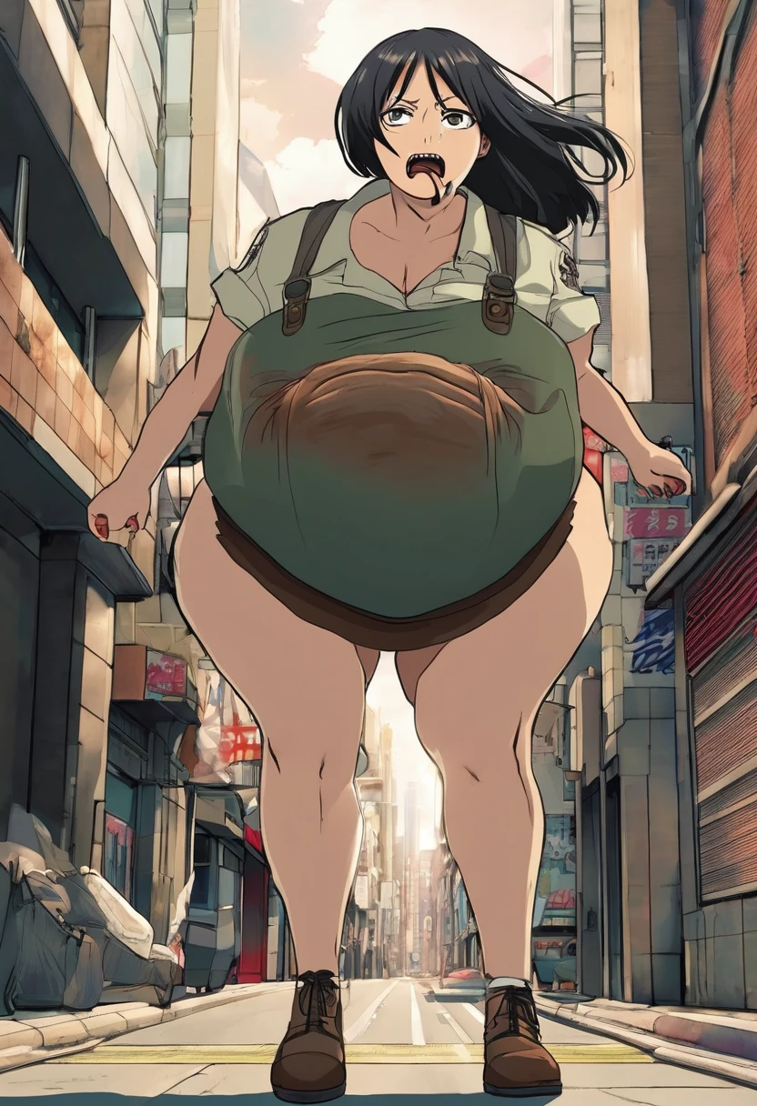 (Attack on Titan) An enormous titan woman (cute maniac face extra huge mouth, dark hair, small pot belly, big butt, painted toe nails) merrily stomps down the streets of Tokyo, she has her mouth open and drooling. The woman (cute, miniskirt, airy blouse, high heels) she wants to eat has fallen and twisted her ankle and is now sobbing on the street. Came is low at the victim looking up at the hungry Titan