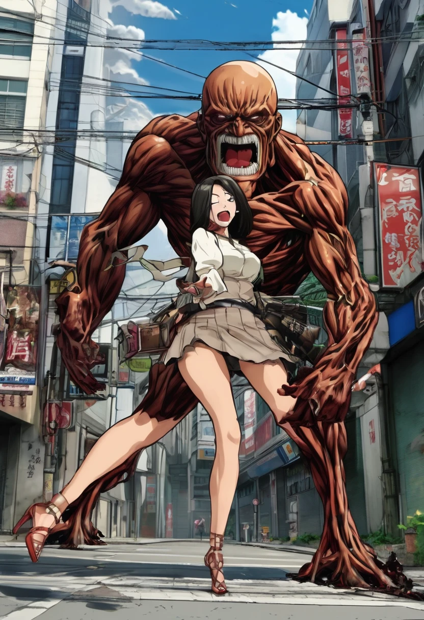 (Attack on Titan) An enormous titan woman (cute maniac face extra huge mouth, dark hair, small pot belly, big butt, painted toe nails) merrily stomps down the streets of Tokyo, she has her mouth open and drooling. The woman (cute, miniskirt, airy blouse, high heels) she wants to eat has fallen and twisted her ankle and is now sobbing on the street. Came is low at the victim looking up at the hungry Titan