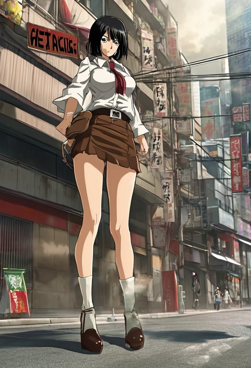(Attack on Titan) An enormous titan woman (cute maniac face extra huge mouth, dark hair, small pot belly, big butt, painted toe nails) merrily stomps down the streets of Tokyo, she has her mouth open and drooling. The woman (cute, miniskirt, airy blouse, high heels) she wants to eat has fallen and twisted her ankle and is now sobbing on the street. Came is low at the victim looking up at the hungry Titan