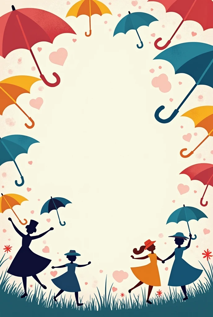 Create a colorful and cheerful invitation for a Mary Poppins themed ballet performance. Include elements such as umbrellas, ballet slippers and clouds. Leave a blank space to write the date, Time and place. Use fun fonts and a vibrant color palette