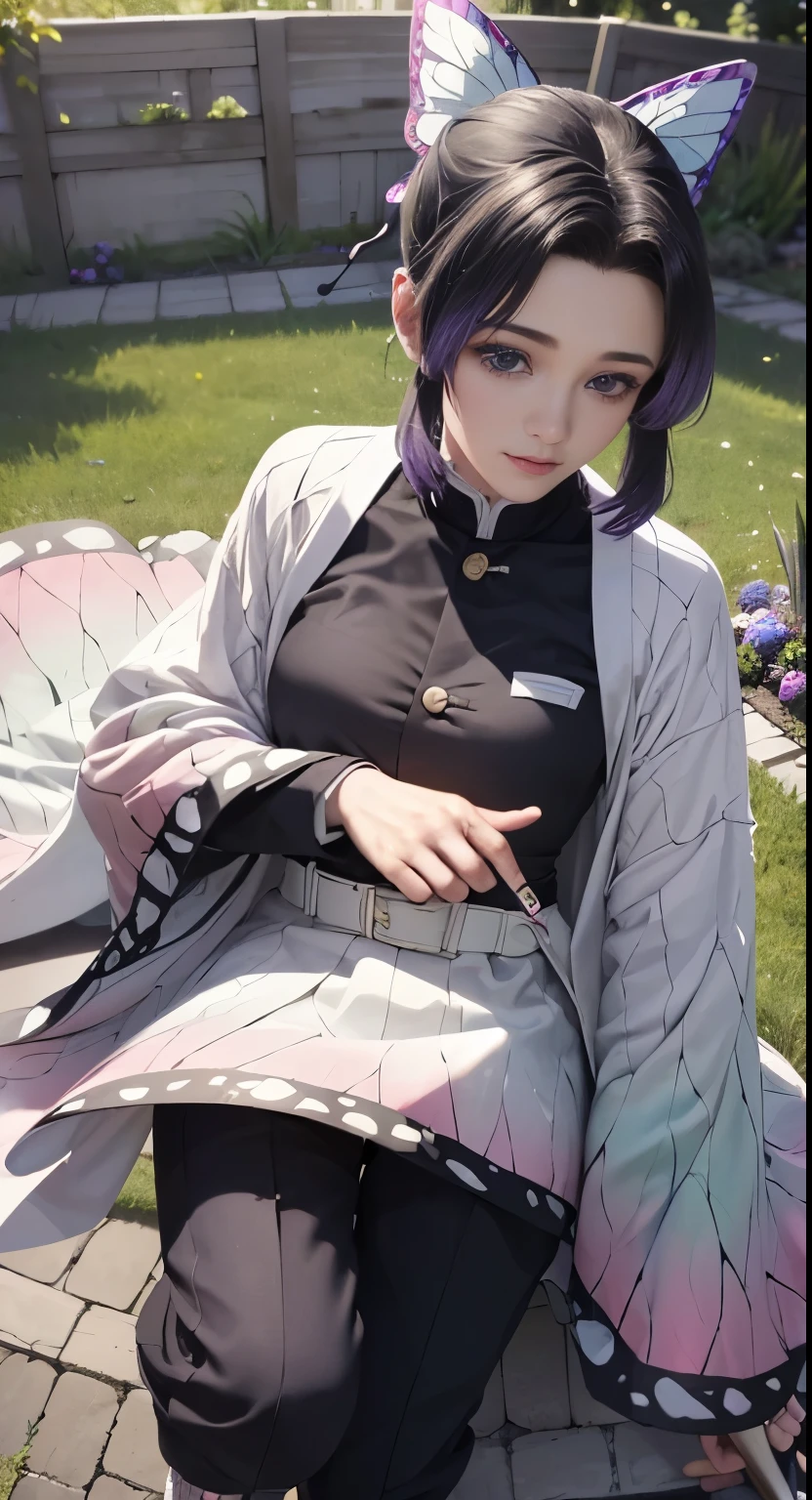 Ultra-realistic 8K CG,masterpiece,((Highly detailed background, Delicate pattern, Intricate details)),highest quality,very detailed face,Very beautiful eyes and face,Very beautiful eyes,Kocho Shinobu,Colorful Hair,No bangs,Hair intake,Purple eyes,amount,Black Shirt,Black trousers,Haori,butterfly,button,belt,(garden:1.2),Purple Flower,a bit,cloudy null,sunlight,Tyndall effect,slope_null,face,Gorgeous null,West Saber,Attractive posture,