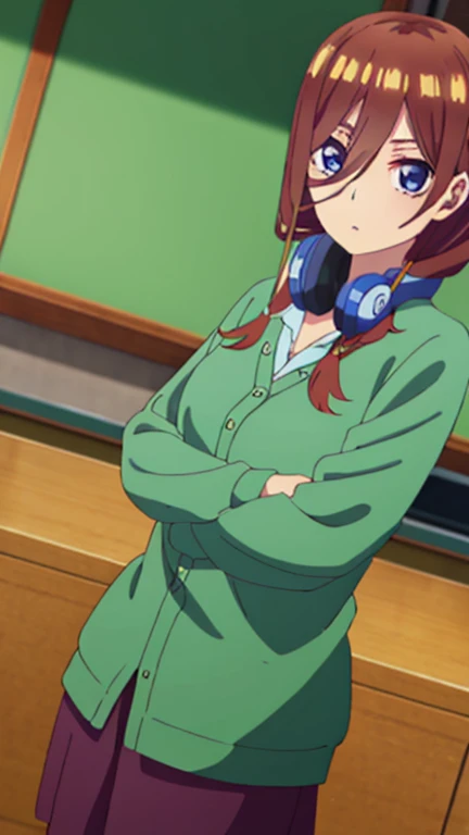 score_9, score_8_up, score_7_up, source_anime, mikunakano, miku nakano, long hair, bangs, blue eyes, brown hair, shirt, hair between eyes, headphones, cardigan, headphones around neck, skirt, shirt, long sleeves, white shirt, pantyhose, pleated skirt, black pantyhose, cardigan, green skirt, blue cardigan, indoors, classroom, looking at viewer, cowboy shot, dutch angle,