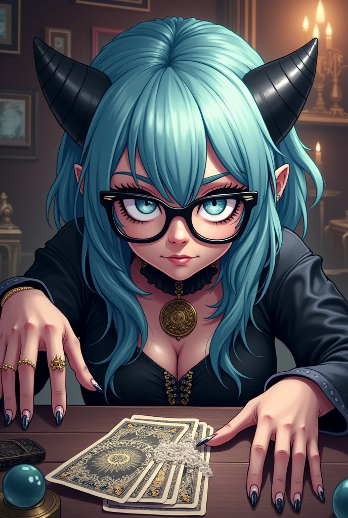 Tarot Cards,fortune teller,Fortune telling room、Black-rimmed glasses,nail art,Mysterious smile,Light blue hair、