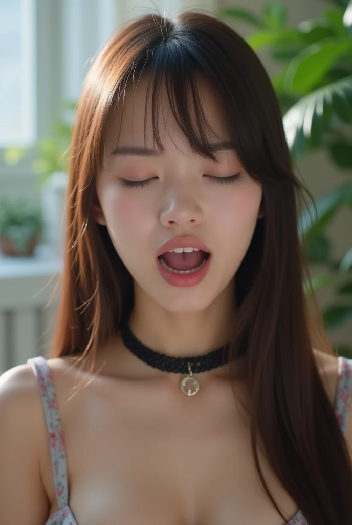 Highest quality,Japanese Idols, Straight Long Hair、bangs、Award-winning photo, Very detailed, Edge Orgasm, Face Focus, (Woman with open mouth and closed eyes ), 18-year-old、Brown Hair、 News anchor、Glowing Skin, Black choker,From below、Realistic nostrils、Browsing Caution,Shortcuts、Big Breasts、Vibrator prank in public, 公共の場でのBig Breasts女性, She leaned back., (She closed her eyes), she yawns, Hand holding a pink remote control outside the frame, She wants you to stop using vibrators