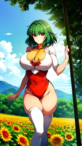 Heighest Quality, Masterwork, Green hair, Yuuka Kazami, red eyes, blush, sunflower field, NSFW, Hooters outfit, sunny day, Extra large ass, Hourglass body shape, ass in air, head near ground, long shapely legs, not stuck in wall, full body picture