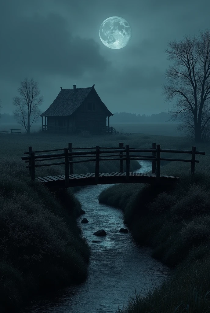 Dark realistic night photos of Ukrainian nature on the plain in gothic style, fewer trees, more bushes and grass, river, across which runs a simple little old wooden bridge, river, which flows along the bottom of the ravine, Far from the bridge there is an old Ukrainian white wattle and daub hut with a thatched roof