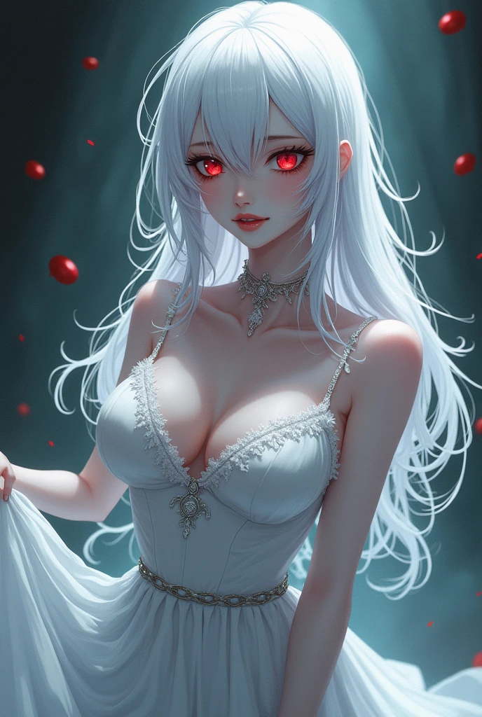 Anime woman, fancy white dress, white hair, red eyes, ominous smile, devious expression, proportions of a  mature woman, big chest, wide hips, elegant look, ghastly and suprenatural