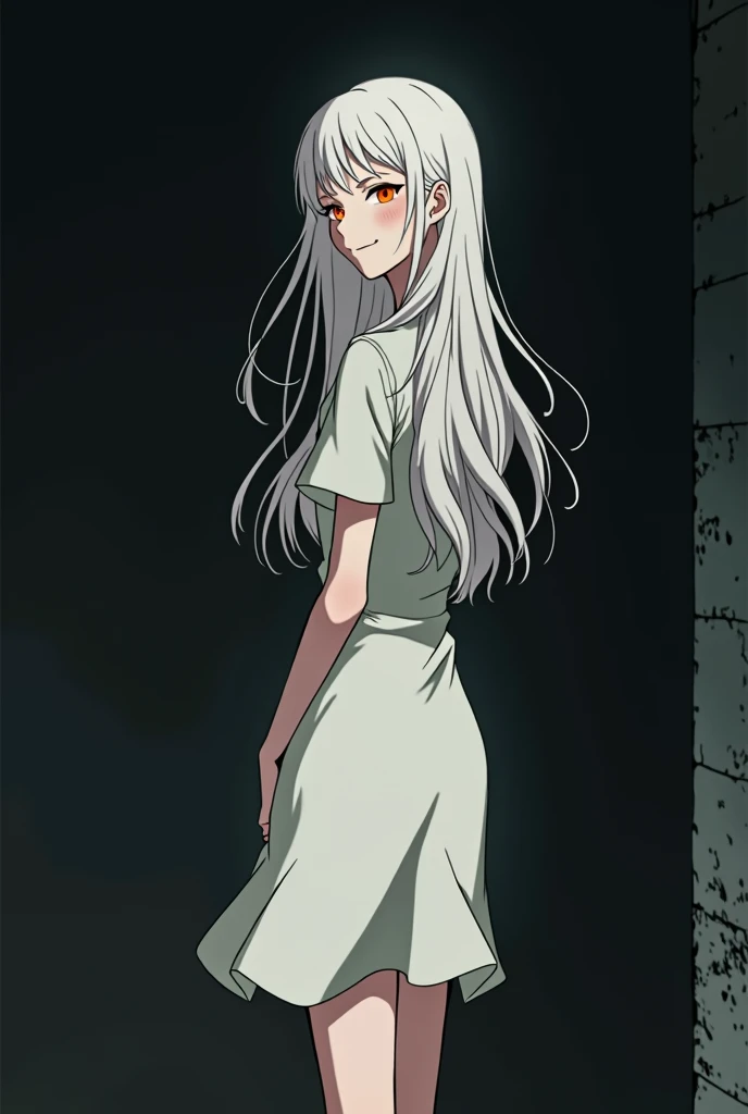 The image is in the style of a Ghibli studio anime., although somewhat gloomy and adult, It features a 20-year-old albino adult woman.. She is standing in front of a black wall, you see him from behind, She has long hair and red eyes. Shown with a smile. She has a white dress that reaches her knees.. strong thighs.