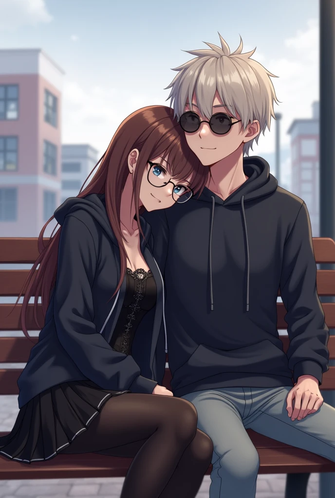 mature woman, pretty, white, long brown hair with bangs, com olhos castanhos, eyeliner on eyes, round eyeglasses, wearing a black hoodie, espartilho preto, Black Skirt, black tights and black boots, is sitting with her head resting on an adult man, mellow, sitting next to you, bonitas, offwhite, cabelos offwhites lisos e curto com franja, light blue eyes, round black sunglasses, on a bench in a square on a cloudy day, anime styling