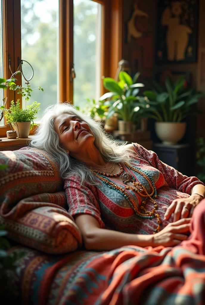 67 year old bohemian hippie woman taking a nap in her room
