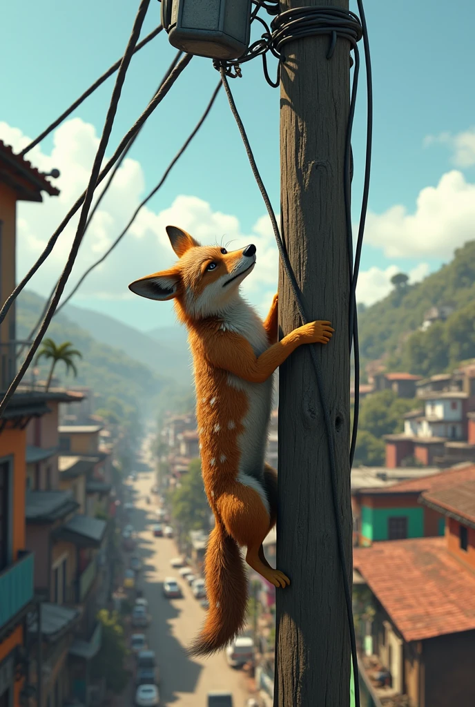 A Coyote working on a telephone pole inside the favela .