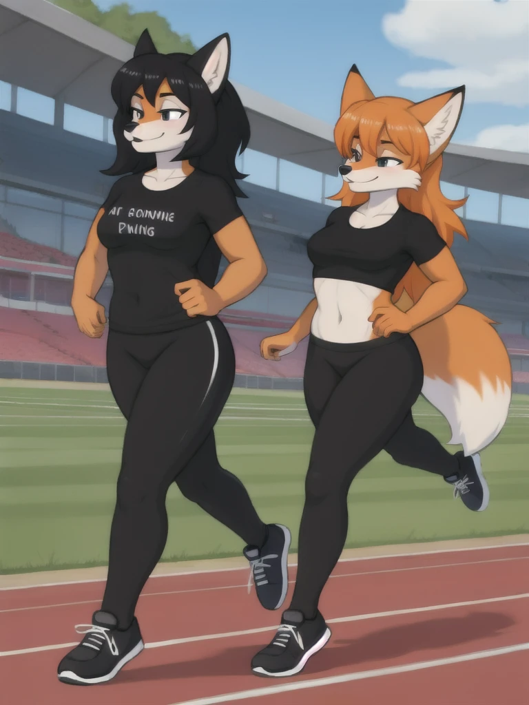 Furry, fox, female, black shirt, black leggings, shoes, running track, friends, full body