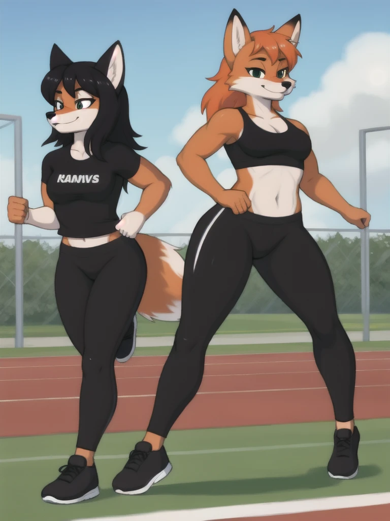 Furry, fox, female, black shirt, black leggings, shoes, running track, friends, full body
