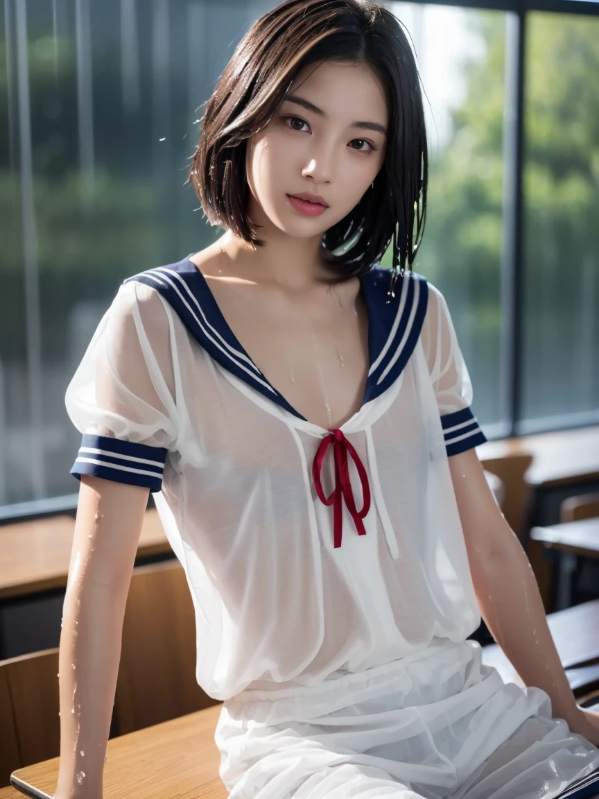 (masterpiece:1.2), Very detailed, Ultra-high resolution, (Realistic, photo Realistic:1.6), High-resolution RAW color photos, Professional photos, Sharp focus:1.2, (Very detailed顔と肌の質感, Very beautiful eyes, Glossのある肌, Glowing Skin, Glowing Skin, Shining Face, Gloss, Oily skin, greasy face, Oily skin, greasy face,), (real Glossのある肌 texture), Perfect Anatomy, Very detailed背景,(High school classroom at night),1 female,25-year-old woman, Japanese women,height: 168cm,short hair, Straight hair, bangs, Brown Hair,((Flat Chest:1.6)),Slender legs, ((((See-through white short-sleeved sailor suit)))),((Completely naked:1.6)),((Sailor suit wet and sheer from the rain:1.5))