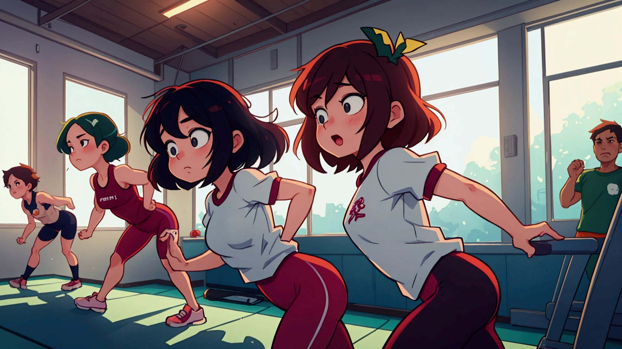 Cartoon Style,From yowamushi pickup, Lois van Baarle, By Ryan Yee, Many people are exercising in the gym,background a gym, hedonic treadmill, healthy, Plenty of light, Natural soft lighting,Big scene