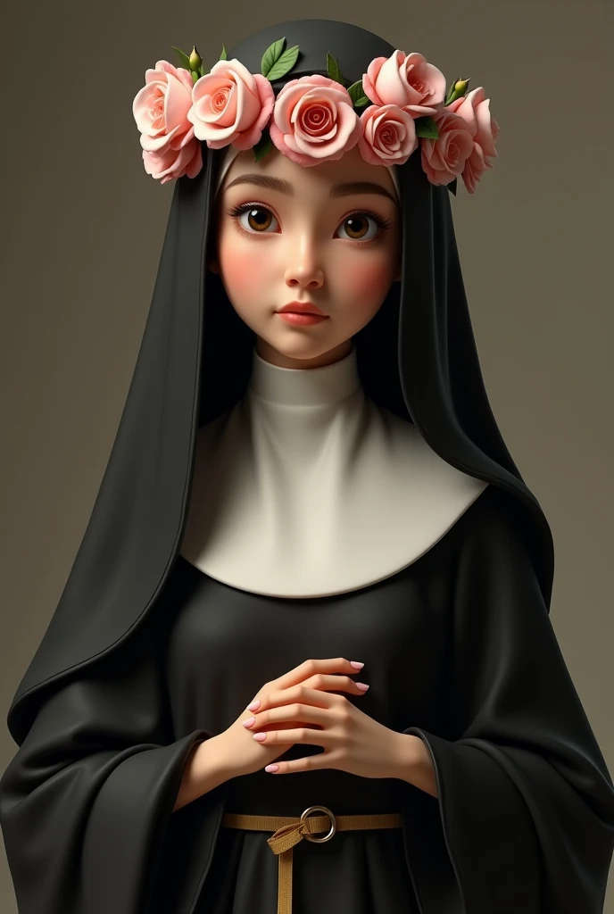 Animated Santa Rosa de Lima add a black cloak, put more roses on her, put a white dress and a black cloak on her like a nun, put a headband of roses on her, make her more adult, MORE SERIOUS AND SHE LOOKS MORE LIKE A NUN, FRIEND, NOT SO SERIOUS, not so young, like a teenager, and with more roses and she looks like a nun, not so old, more like a teenager, more realistic, make her Chinese, more Peruvian.